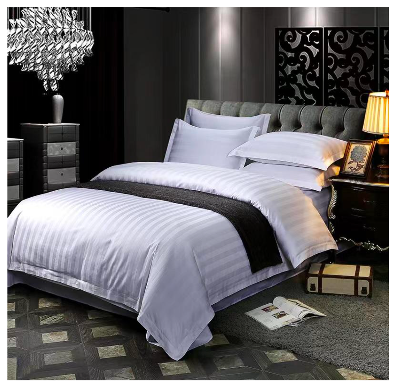 Parure de lit hôtelière rayures jacquard 100 % coton satin