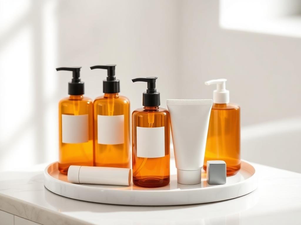 Flacons de soins capillaires et corporels sur marbre de salle de bain