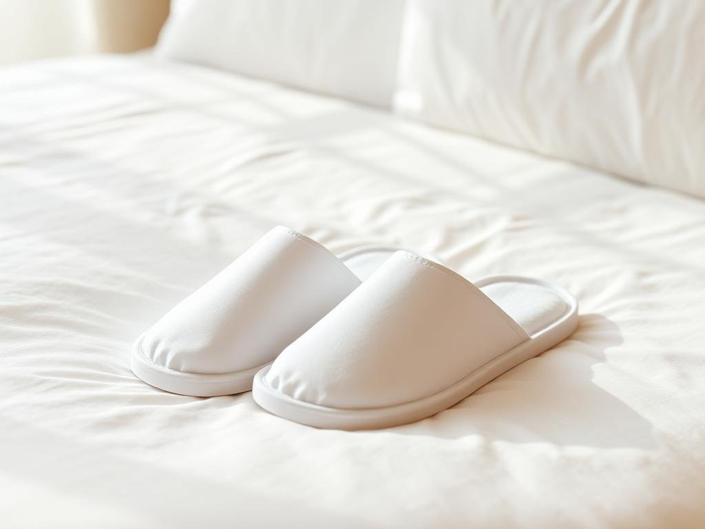Chaussons jetables blancs sur lit hôtelier